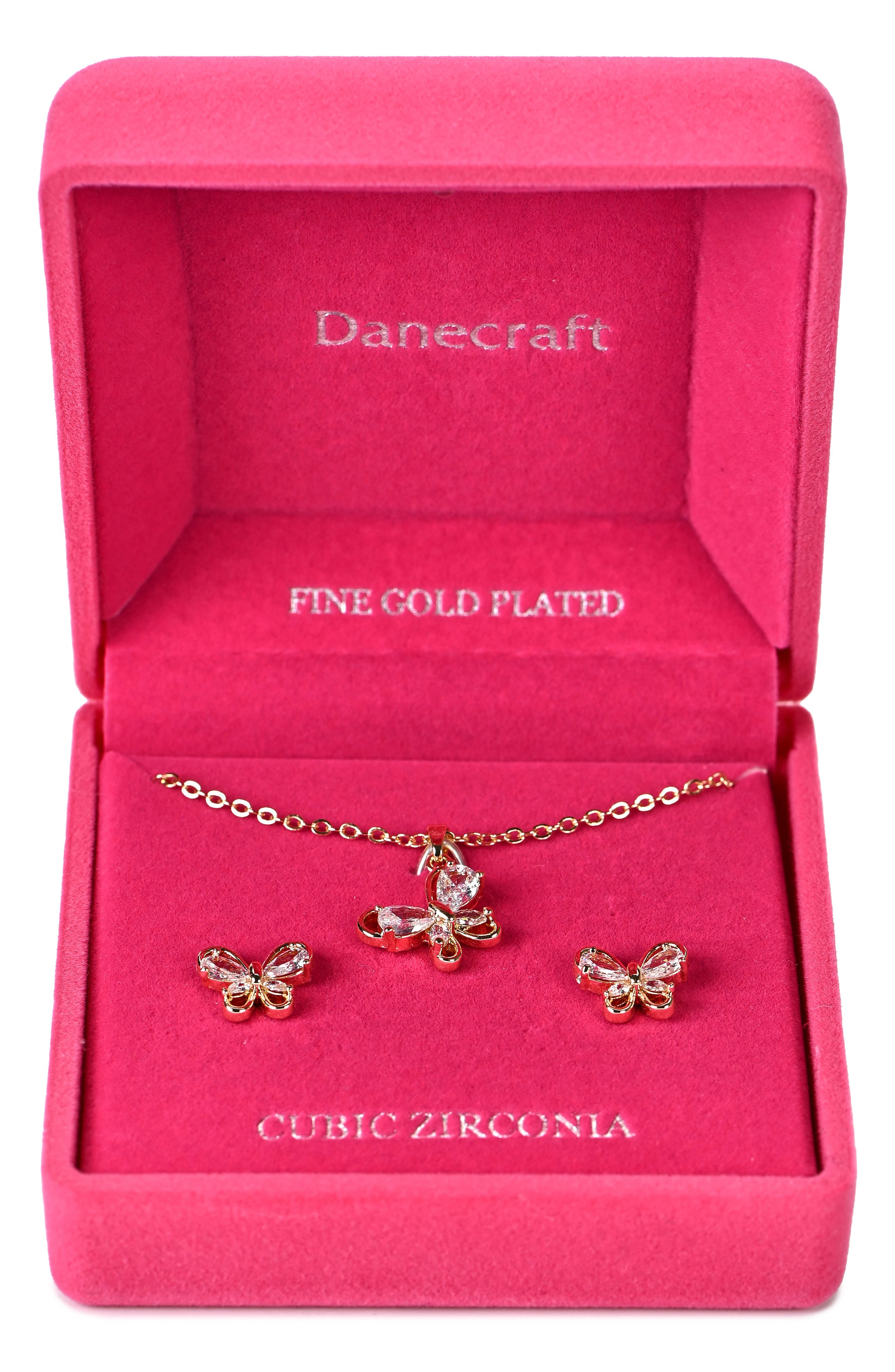 Danecraft Cubic Zirconia Butterfly Pendant Necklace & Stud Earrings Set