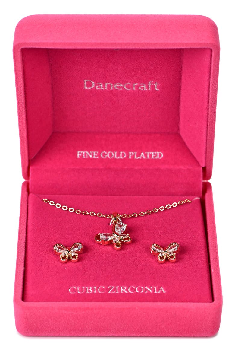 Cubic Zirconia Butterfly Pendant Necklace & Stud Earrings Set, Main, color, METALLIC GOLD