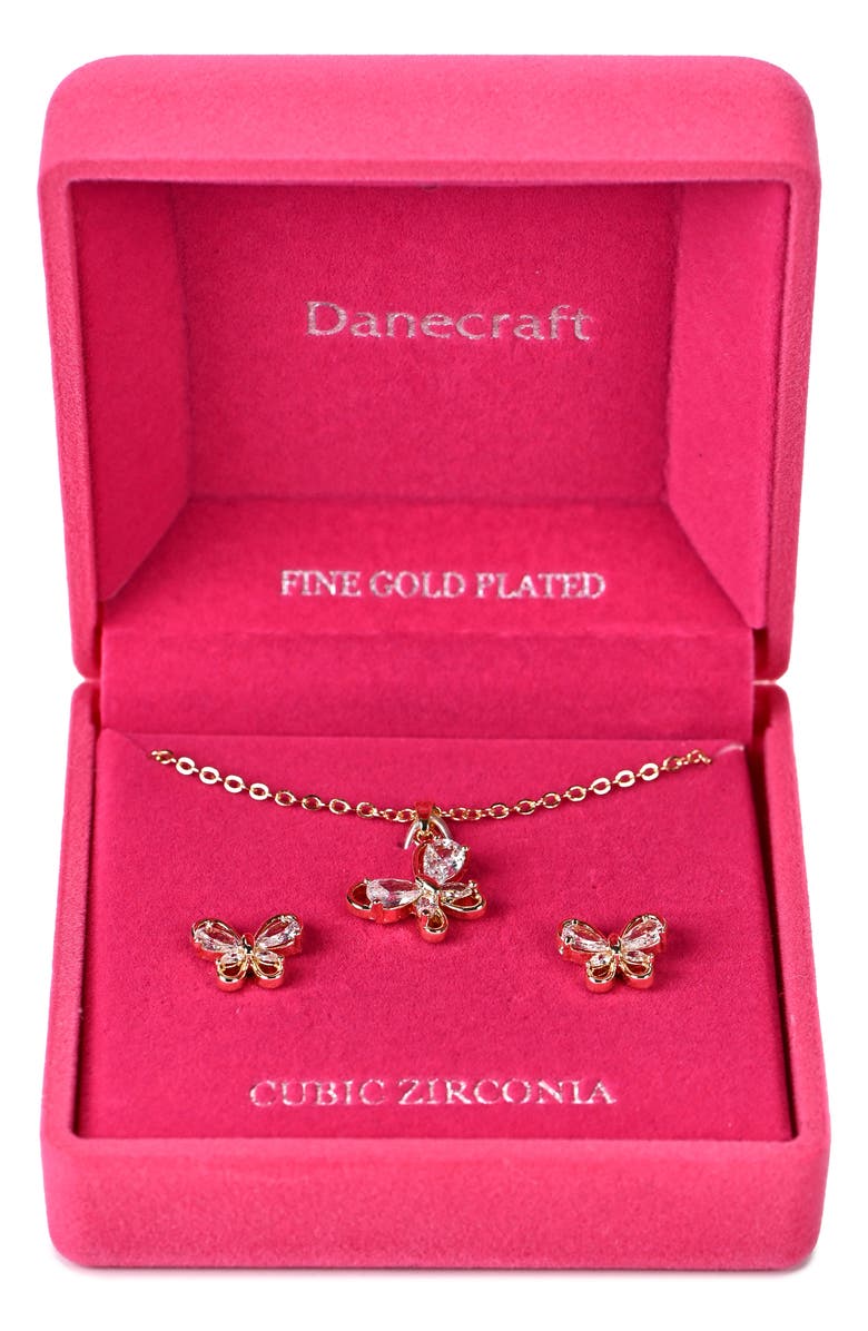 Danecraft Cubic Zirconia Butterfly Pendant Necklace & Stud Earrings Set, Main, color, Metallic Gold