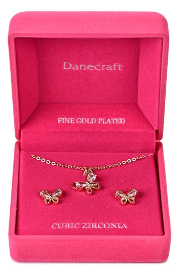 Danecraft Cubic Zirconia Butterfly Pendant Necklace & Stud Earrings Set In Gold
