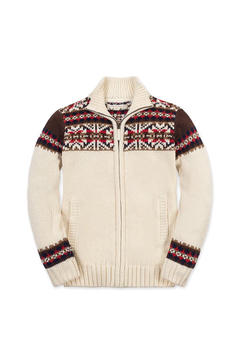 Kids' Organic Long Sleeve Full Zip Mock Neck Intarsia Sweater, Main, color, Ivory Fireside Geo