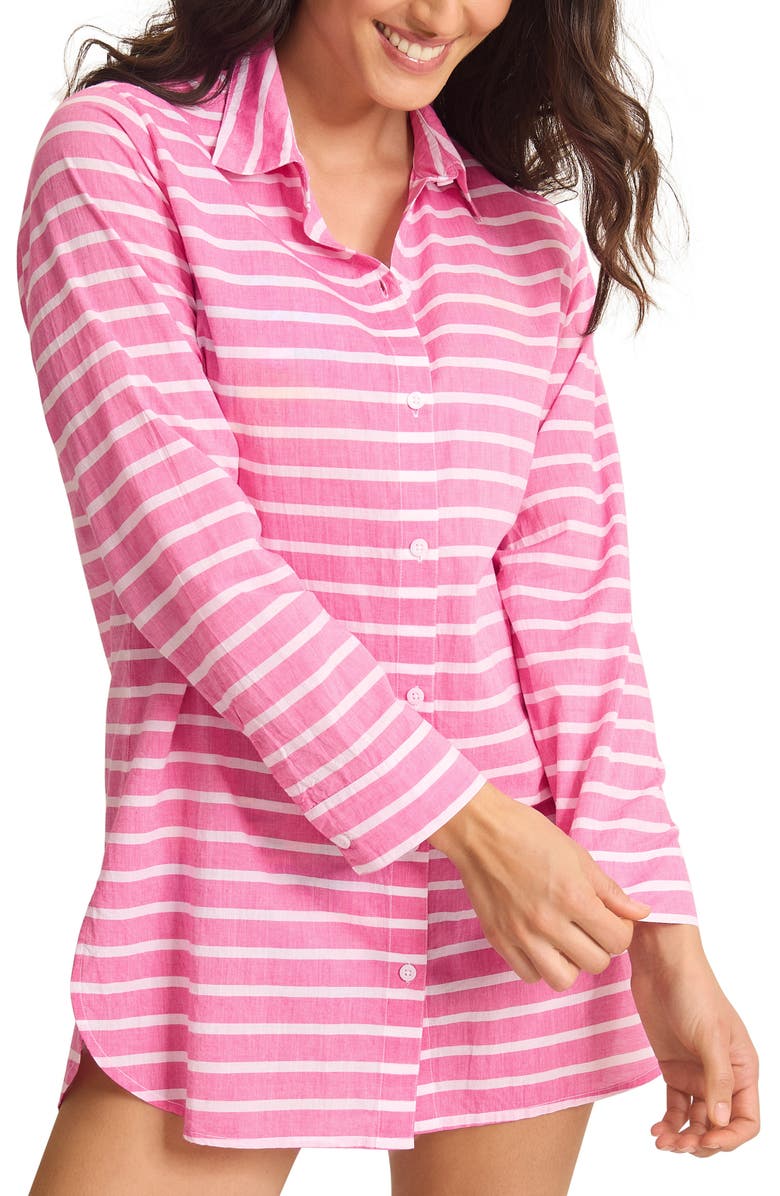 Tommy Bahama Coastline Stripe Long Sleeve Cover-Up Boyfriend Shirt, Main, color, Pink Orchid
