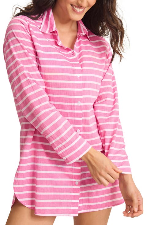 Coastline Stripe Long Sleeve Cover-Up Boyfriend Shirt