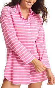 Tommy Bahama Coastline Stripe Long Sleeve Cover-Up Boyfriend Shirt