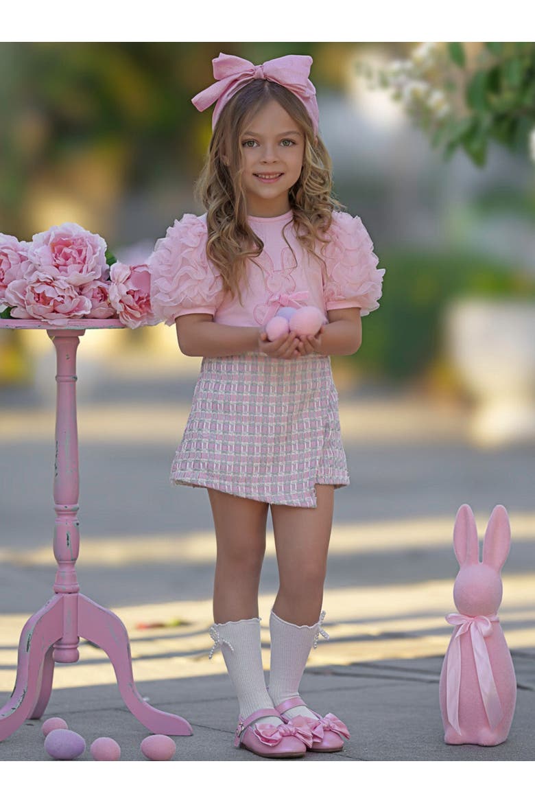 Girls  Bunny Puff Sleeve Top and Tweed Skort Set, Alternate, color, Pink