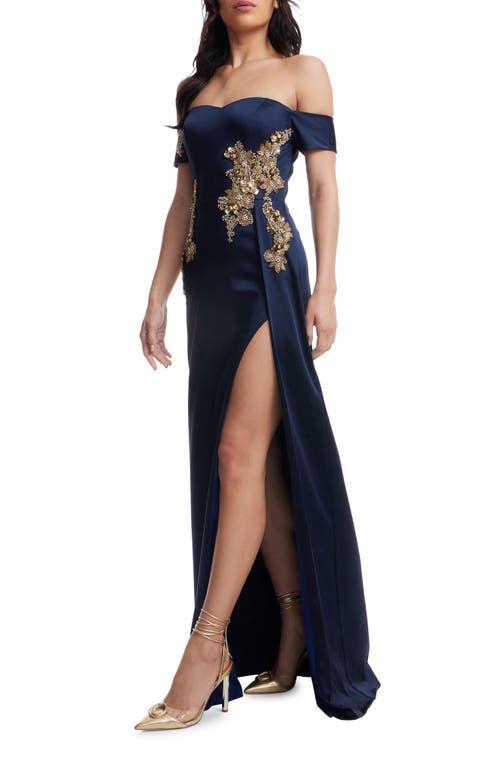 DRESS THE POPULATION DRESS THE POPULATION LOGAN FLORAL APPLIQUÉ OFF THE SHOULDER GOWN 