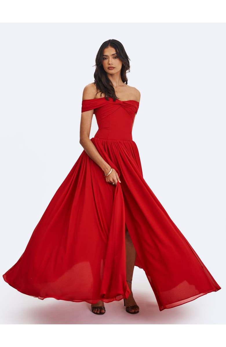 Miss Circle Tereza Georgette Bardot High-Slit Maxi Dress, Alternate, color, Red