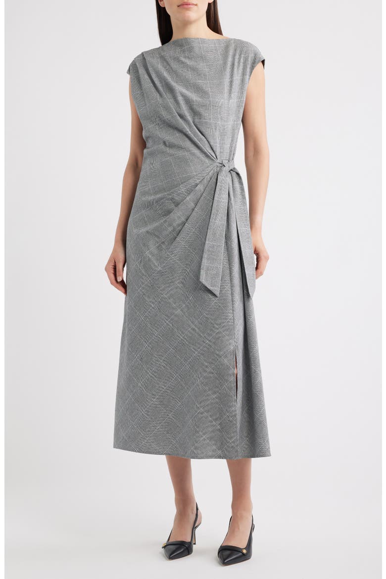 Windowpane Pladi Side Ruched Cotton Sheath Dress, Main, color, GREY