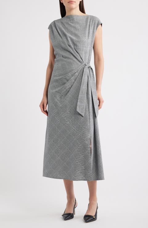 Windowpane Pladi Side Ruched Cotton Sheath Dress