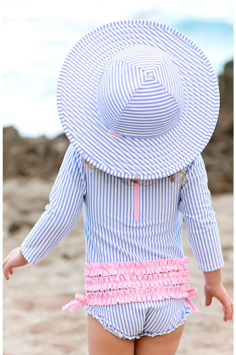Seersucker One-Piece Rashguard Swimsuit & Hat Set, Alternate, color, BLUE