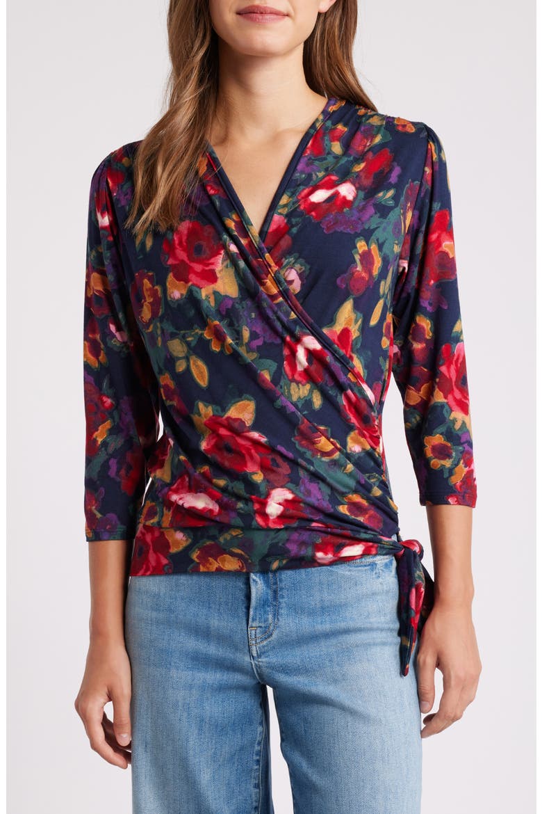Floral Print Faux Tie Wrap Top, Main, color, BLUE MULTI