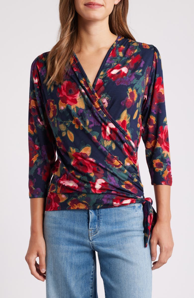 Loveappella Floral Print Faux Tie Wrap Top, Main, color, Blue Multi
