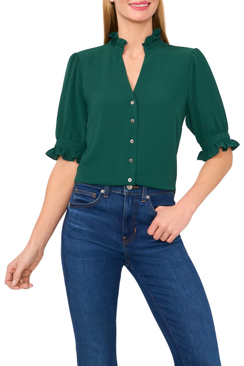V-Neck Button-Up Shirt, Main, color, ALPINE GREEN