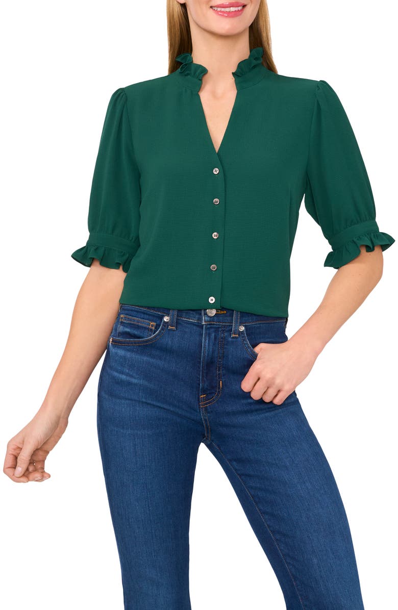 CeCe V-Neck Button-Up Shirt, Main, color, Alpine Green
