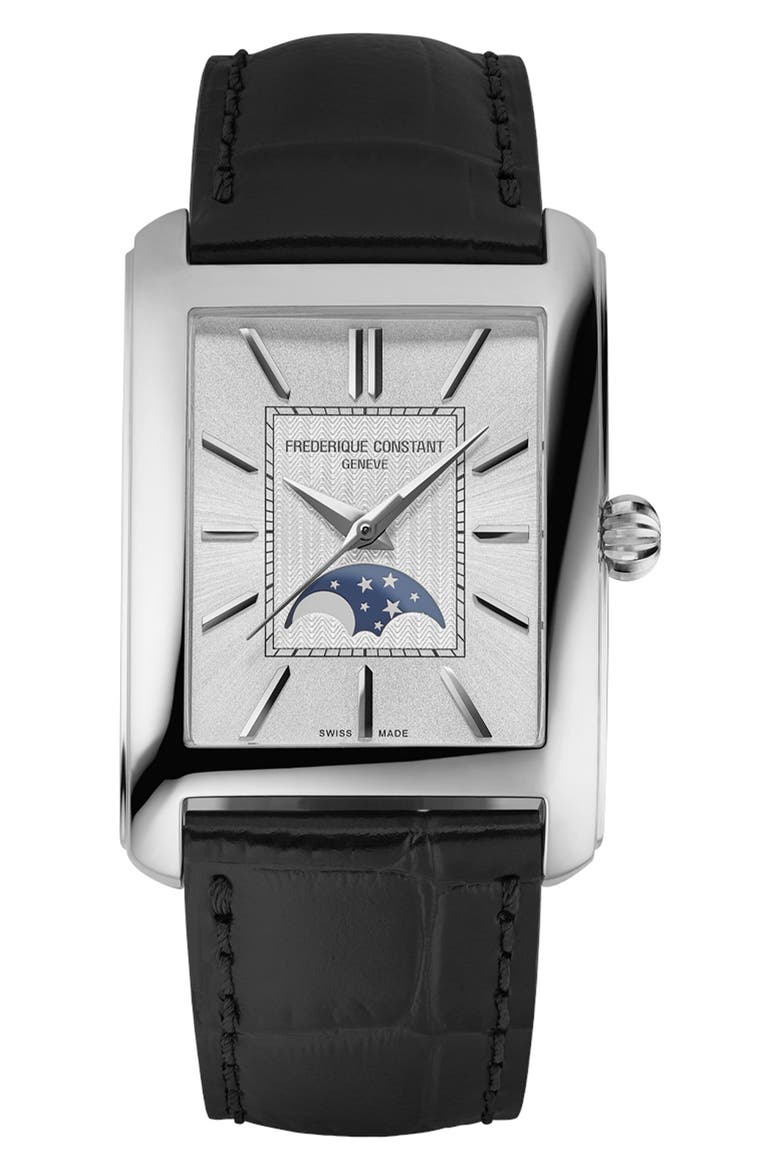 Classics Carrée Moonphase Automatic Tank Leather Strap Watch, 30mm x 42.3mm, Main, color, WHITE