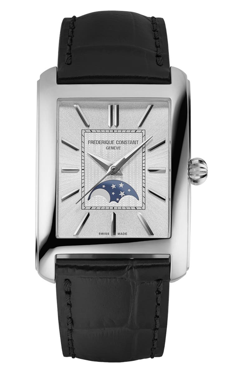 FREDERIQUE CONSTANT Classics Carrée Moonphase Automatic Tank Leather Strap Watch, 30mm x 42.3mm, Main, color, White