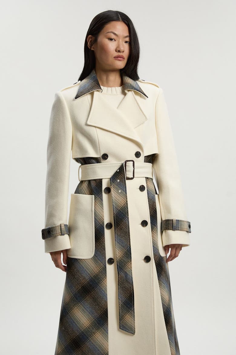 Wool Check Trench Midi Coat, Alternate, color, Ivory