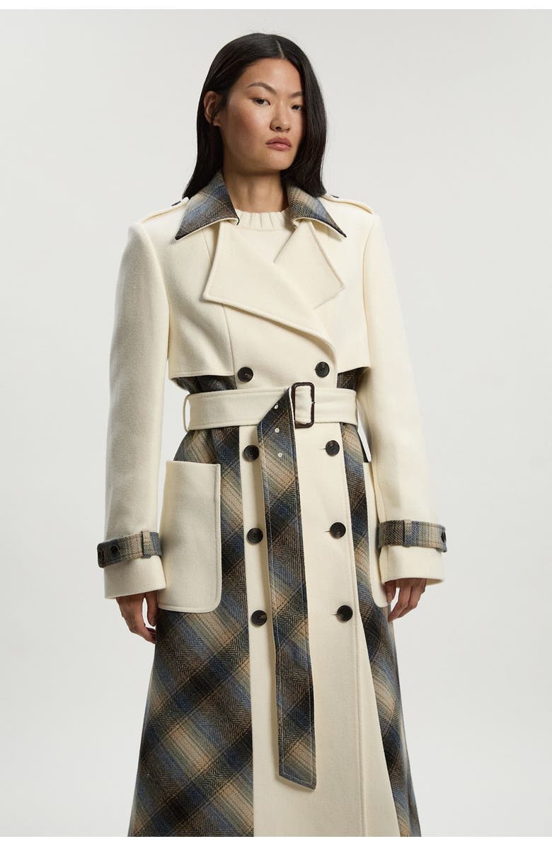 Karen Millen Wool Check Trench Midi Coat, Alternate, color, Ivory