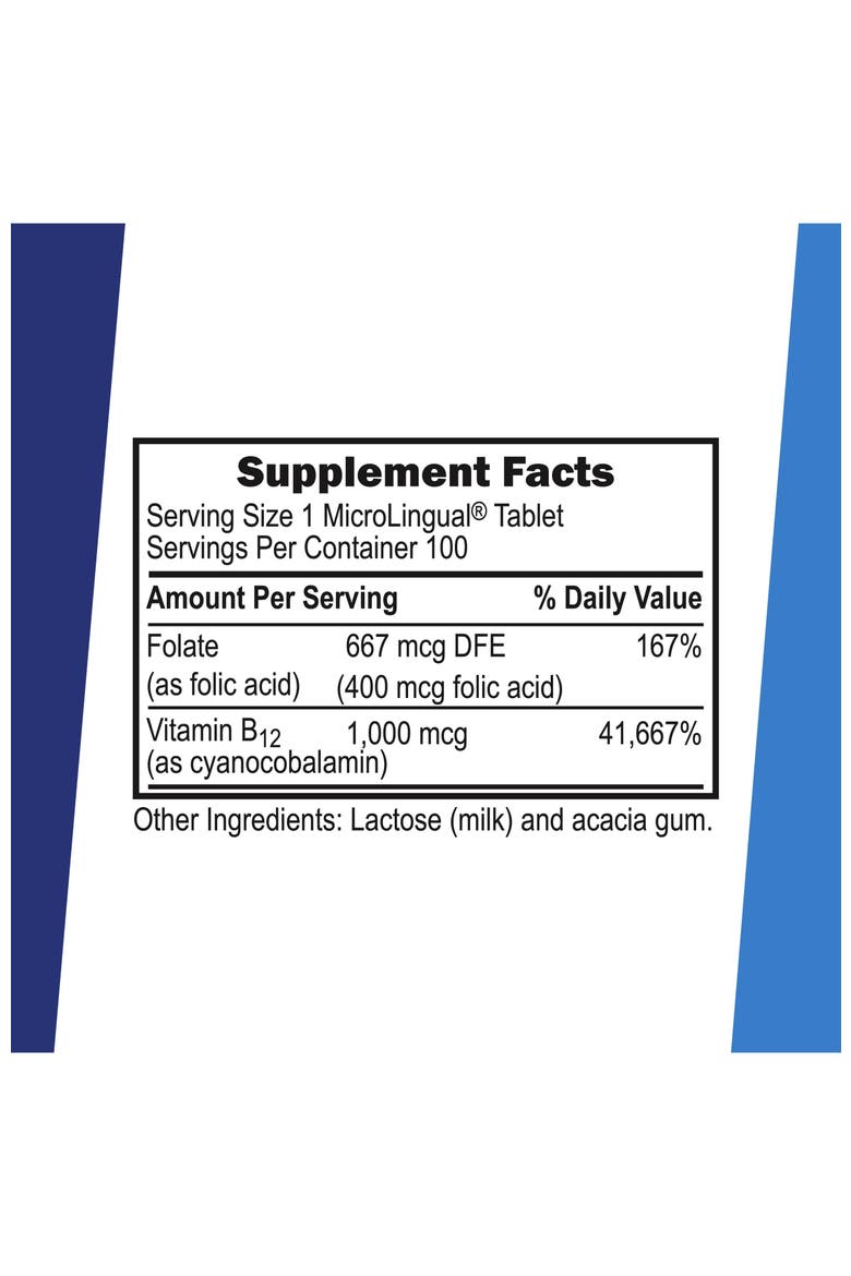 Vitamin B-12 Cyanocobalamin Folic Acid Sublingual Dissolving Tablets, Alternate, color, White