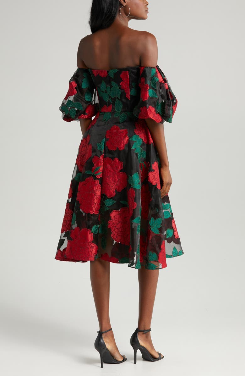 Marchesa Notte Floral Puff Sleeve Off the Shoulder Dress, Alternate, color, Black Combo