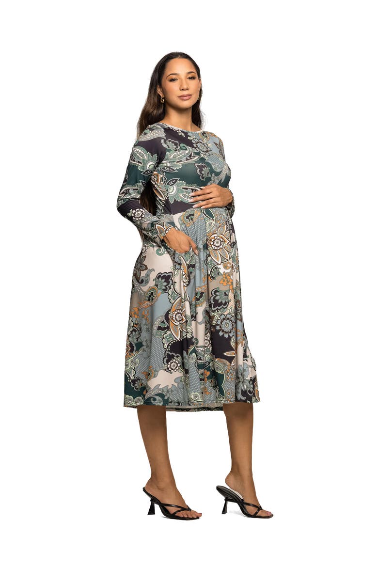 Long Sleeve Midi Dress in Paisley Floral Print, Alternate, color, Green Multi