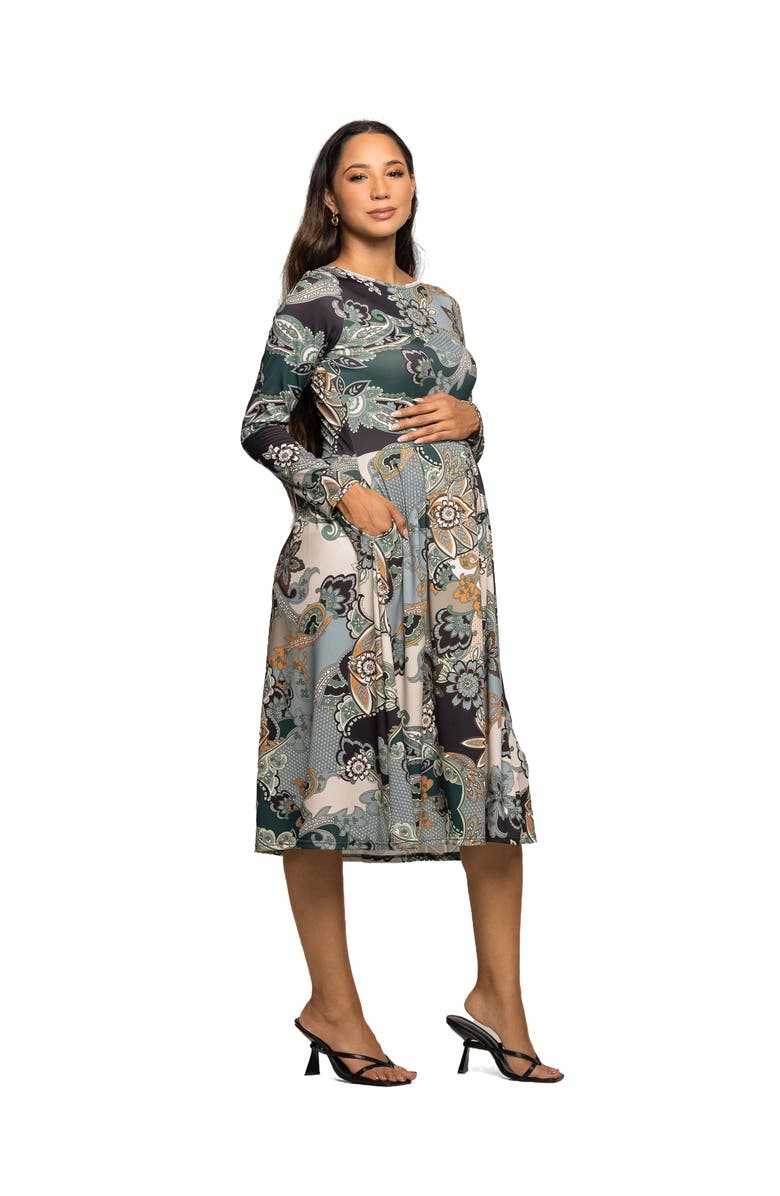 24seven Comfort Apparel Long Sleeve Midi Dress in Paisley Floral Print, Alternate, color, Green Multi