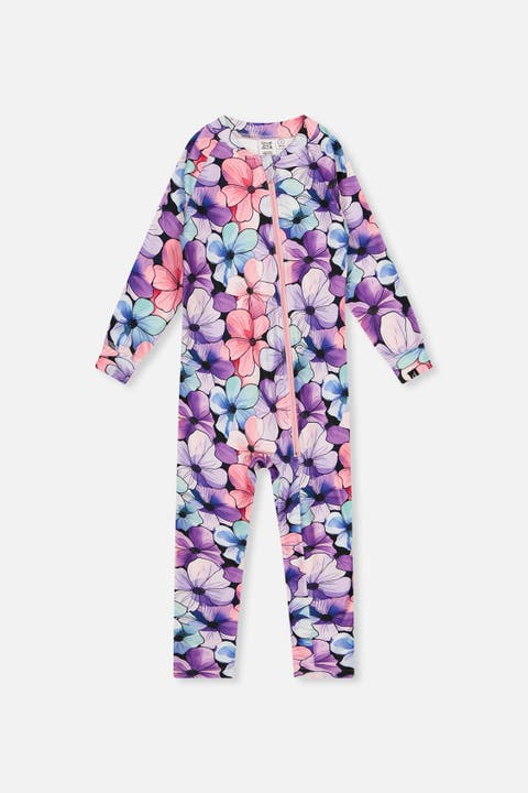 One Piece Floral Stretch Fleece Asymmetric Zip Thermal Underwear