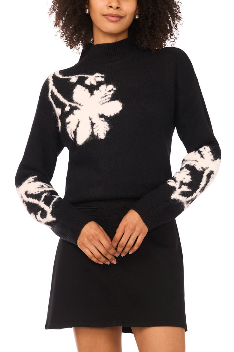 Floral Mock Neck Sweater, Main, color, RICH BLACK