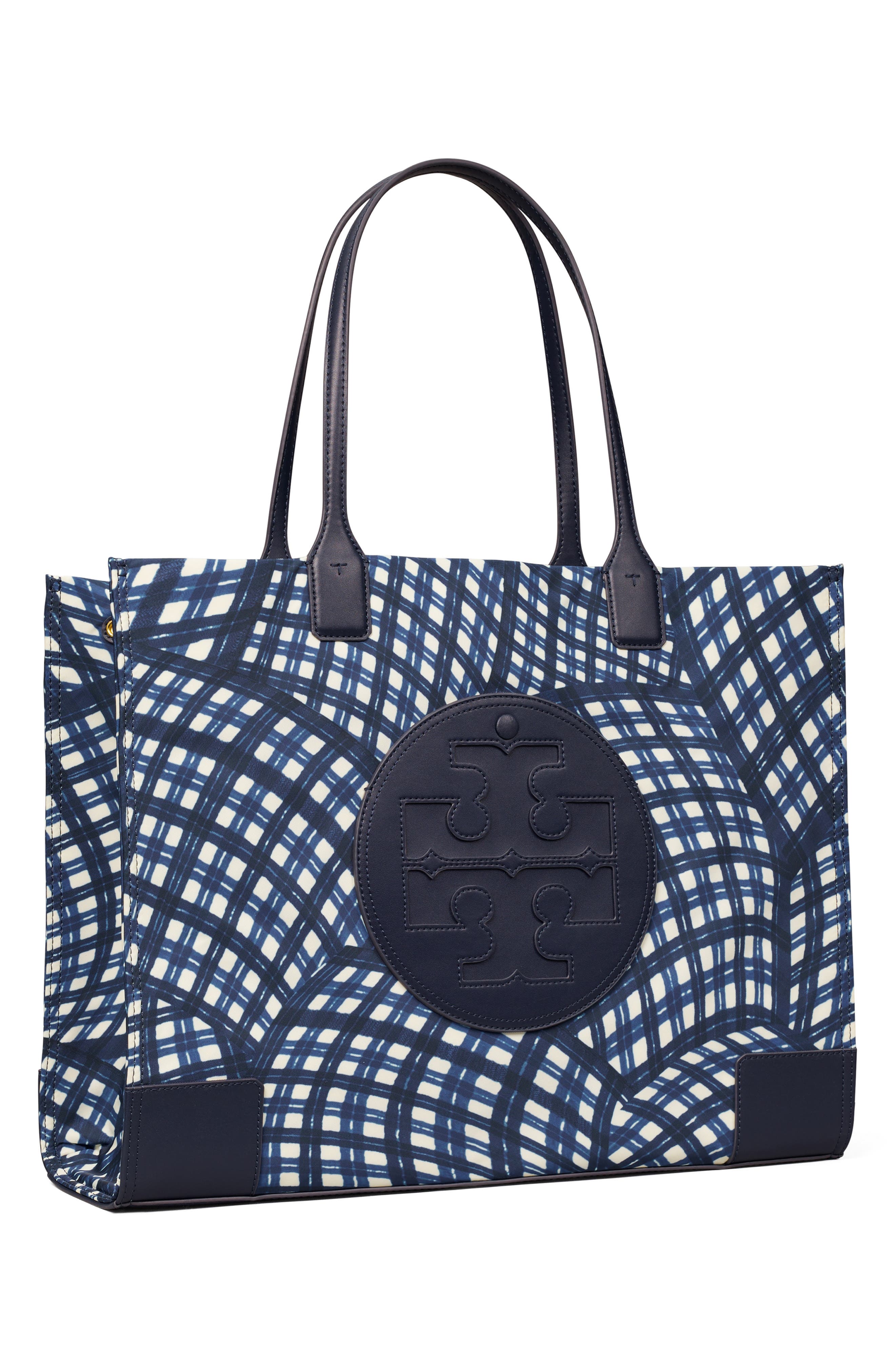 Tory Burch Ella Print Tote, Alternate, color, Navy Warped Gingham
