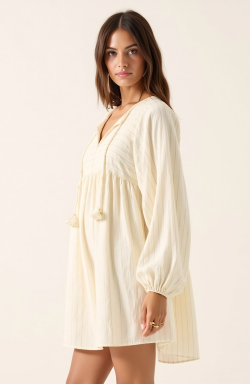Modenaire Striped Tassel Tie Mini Dress With Balloon Sleeves In Neutral
