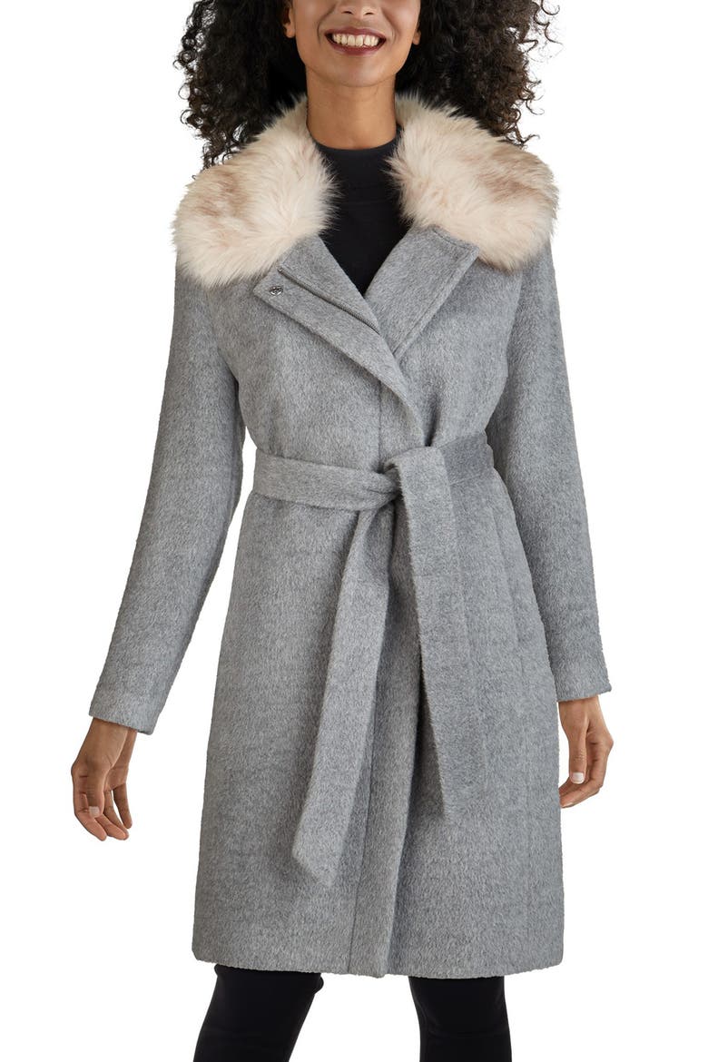 Faux Fur Trim Wool Blend Coat, Main, color, MEDIUM GREY