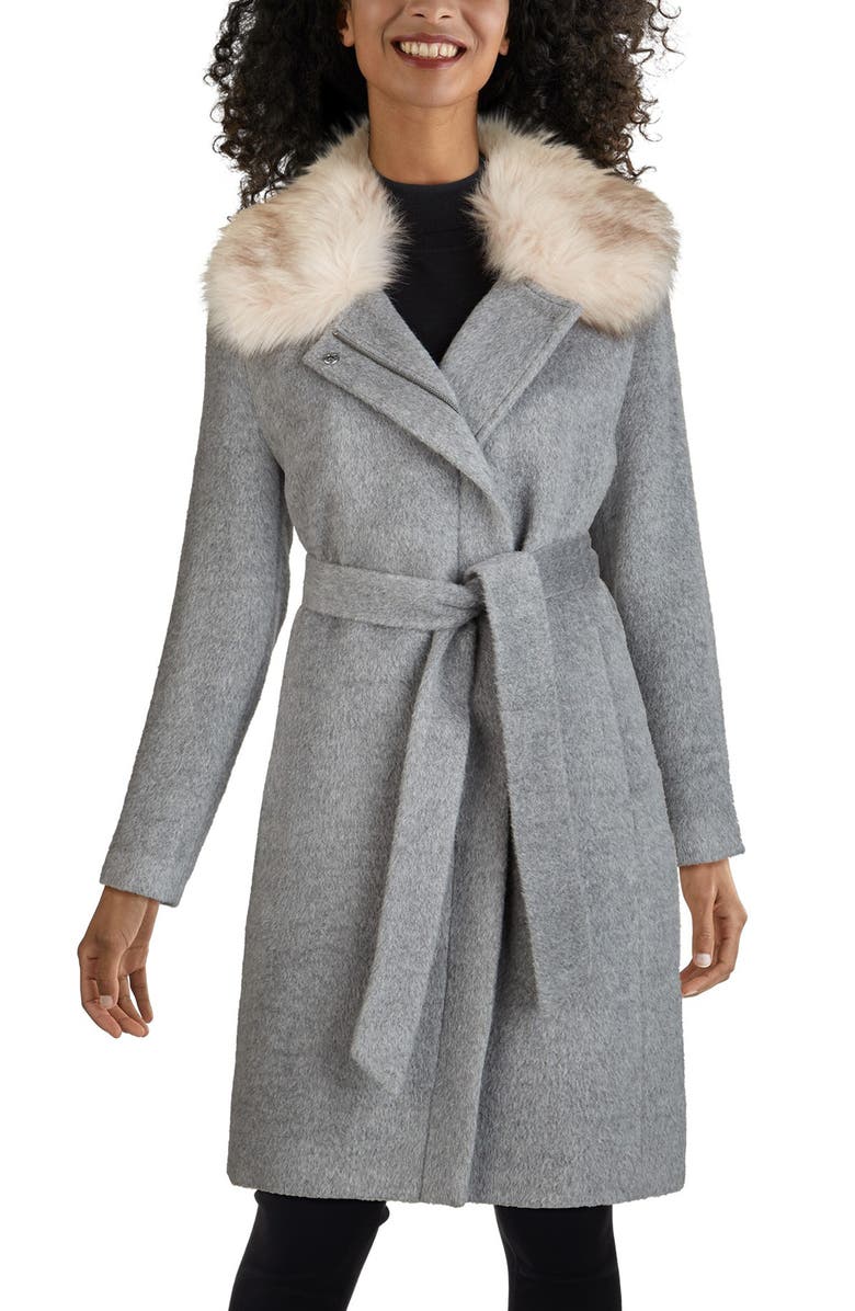 Cole Haan Faux Fur Trim Wool Blend Coat, Main, color,