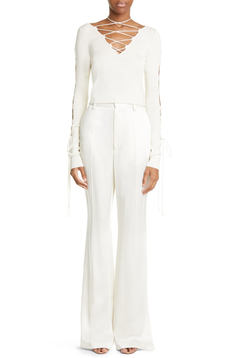 LAPOINTE High Waist Double Face Satin Flare Trousers, Alternate, color, Cream
