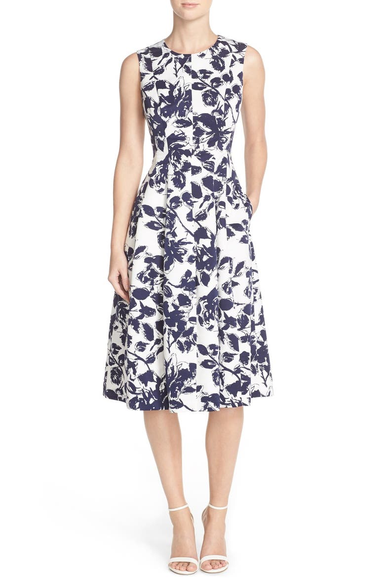Floral Print Faille Midi Dress, Alternate, color, NAVY/ IVORY