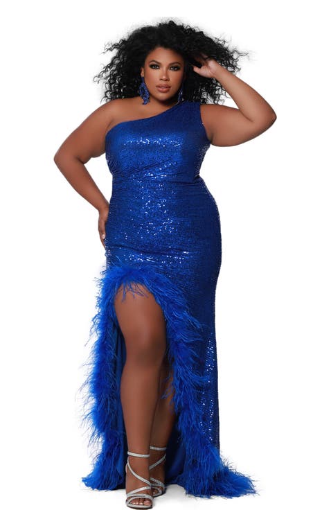 One Shoulder Sequin and Ostrich Feather Plus Size Gown