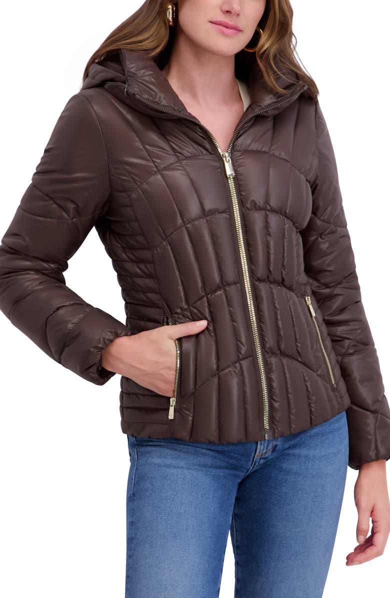 Kensie Hooded Puffer Jacket, Alternate, color, Chocolate