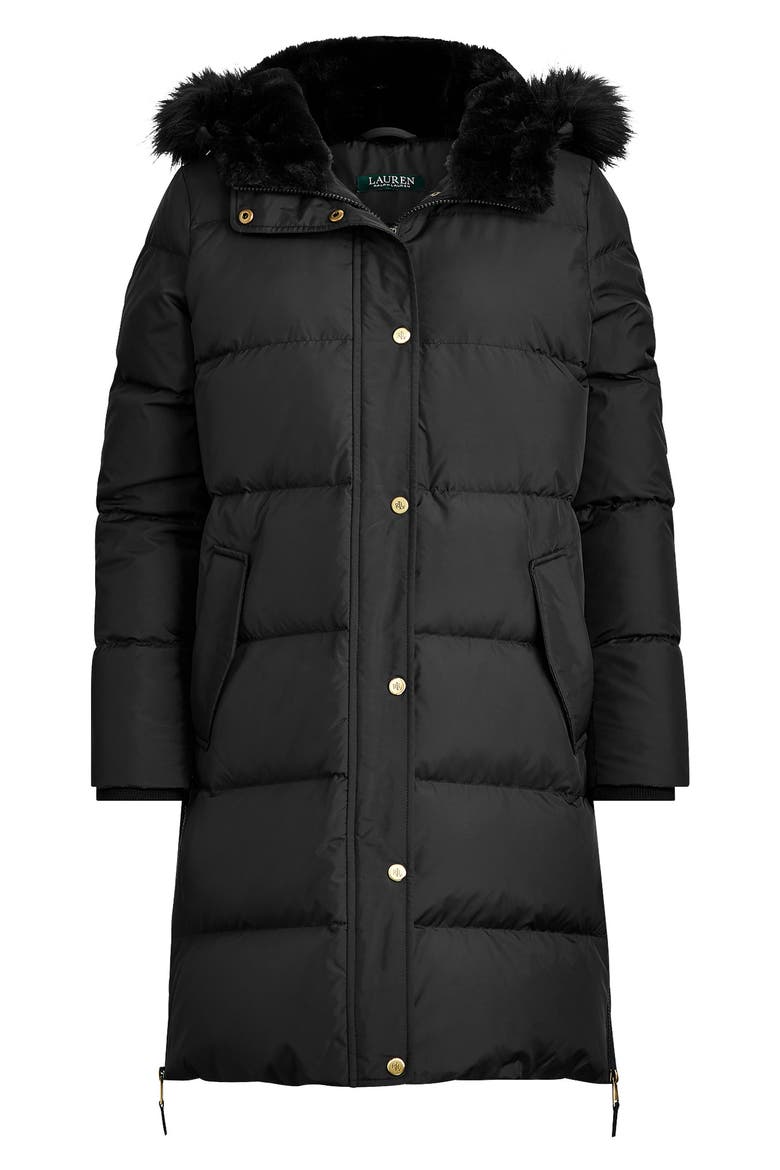 Faux Fur Trim Quilted Hooded Down & Feather Parka, Alternate, color, BLACK