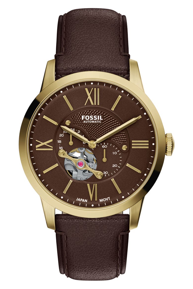 Townsman Automatic Leather Strap Watch, 44mm, Main, color, BROWN