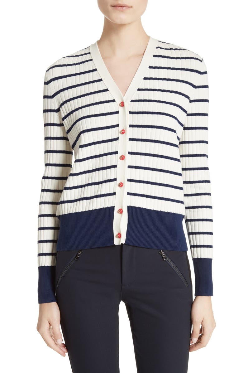 Tory Burch Marcel Stripe & Floral Cotton Cardigan, Main, color,