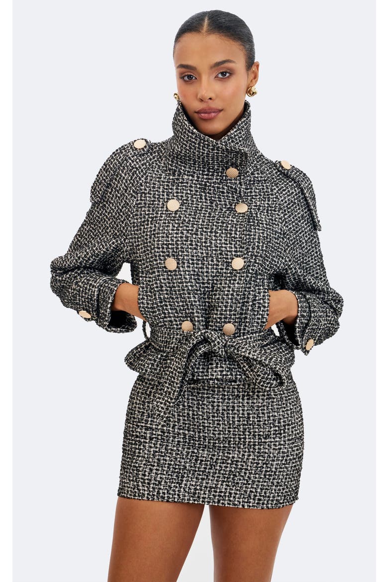 Sadie Tweed High Collar Belted Mini Jacket, Alternate, color, Black