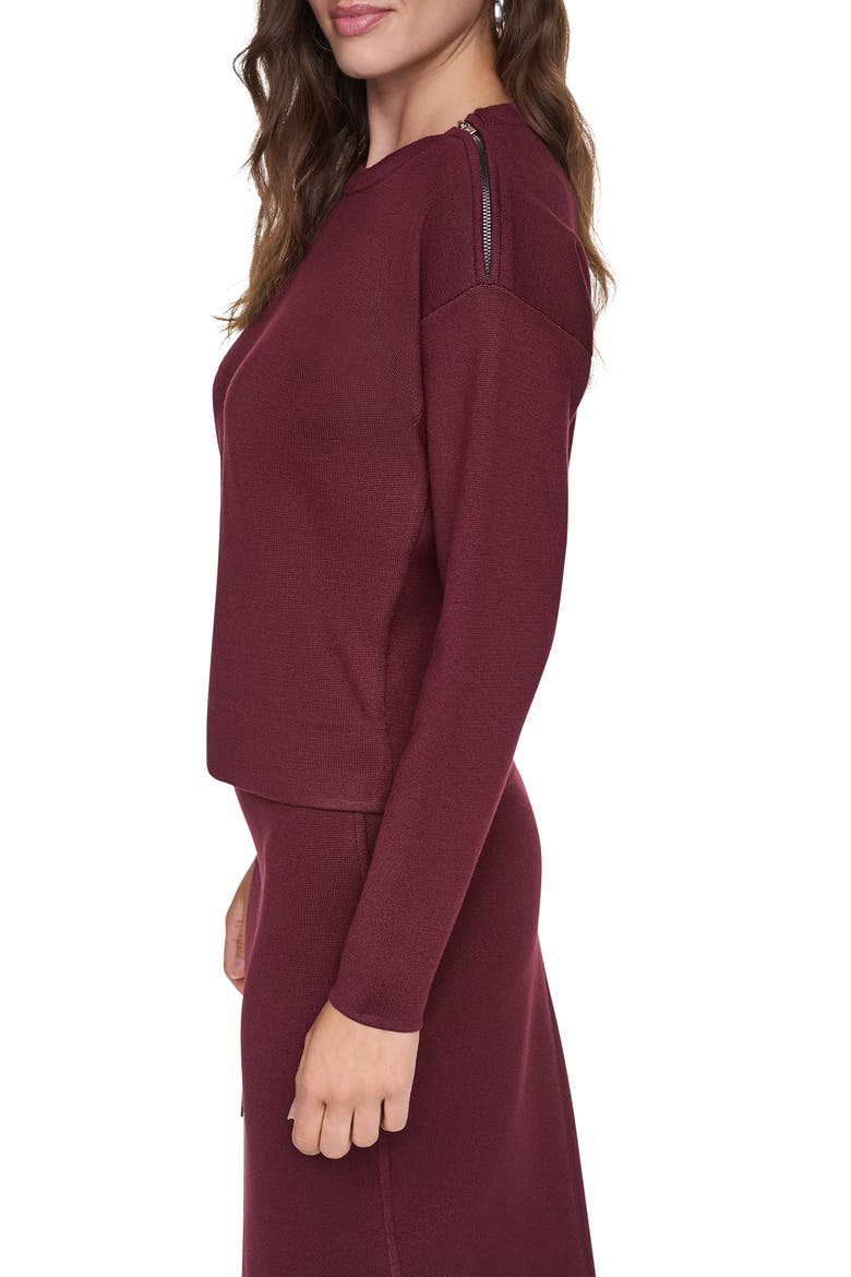 Zip Shoulder Crewneck Sweater, Alternate, color, CABERNET
