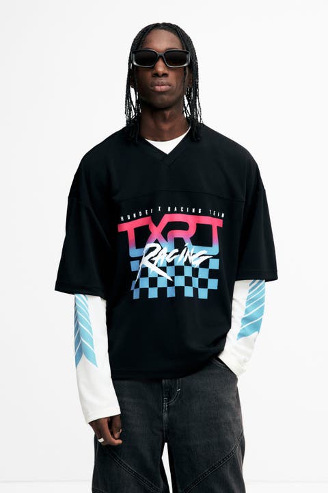 Oversized Fit Printed Mesh T-shirt