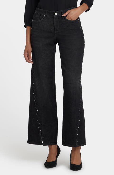 Teresa Rhinestone Slit Hem Wide Leg Jeans (French Nightfall)