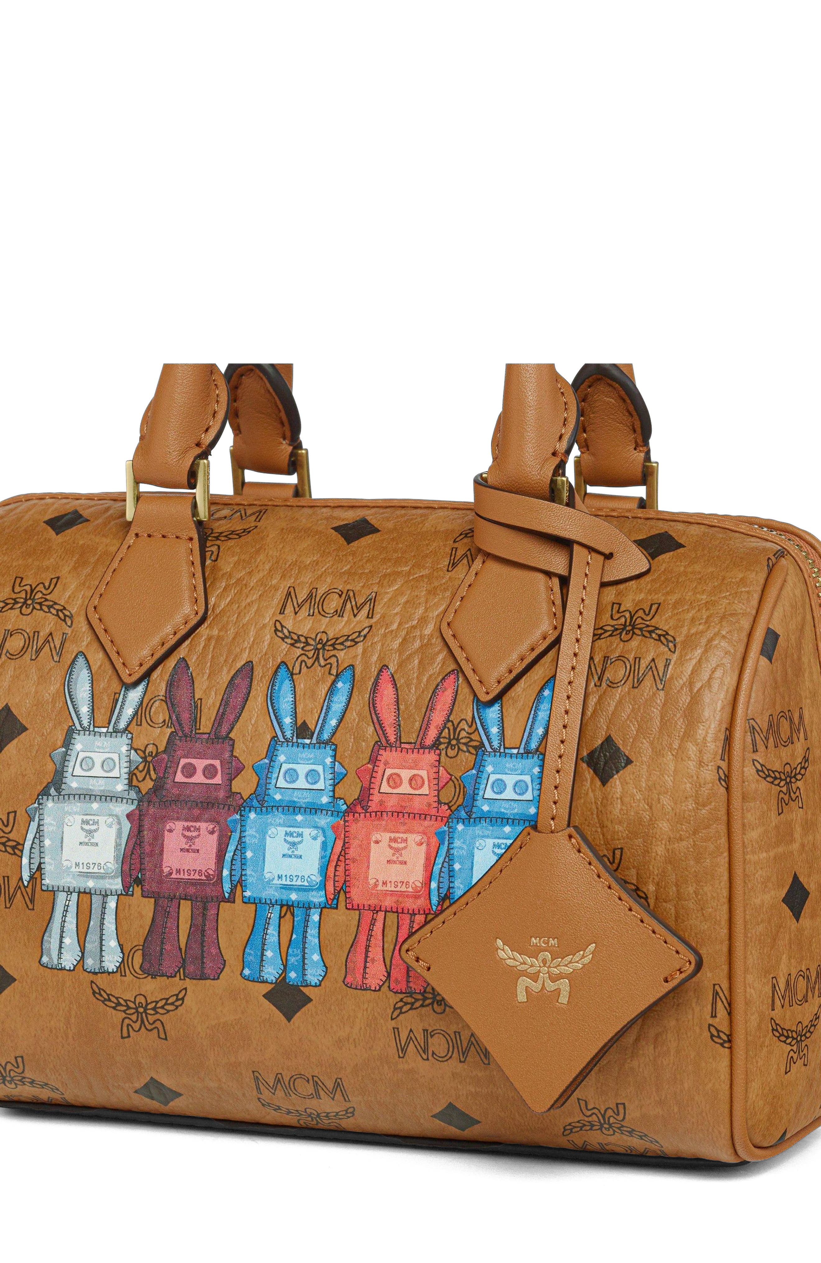 MCM Small Ella Boston Bag in Rabot Visetos, Alternate, color, Cognac