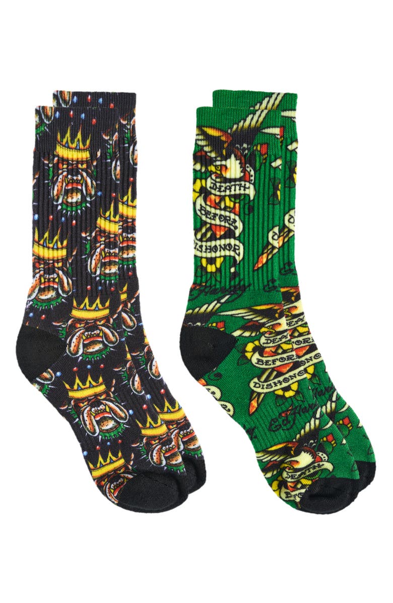 Ed Hardy Bulldog 360 Print Full Cushion Crew Sock 2-Pack, Alternate, color, Green