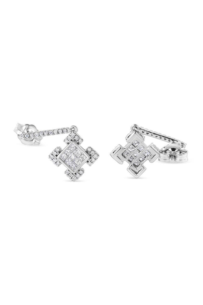 10K White Gold Princess and Round Diamond Geometric Composite Dangle Earrings, Alternate, color, White Gold