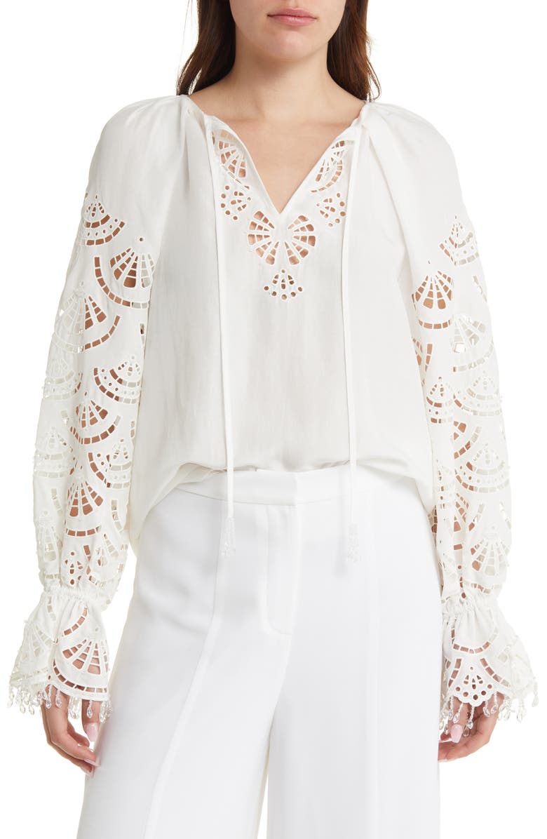KOBI HALPERIN Simi Embellished Eyelet Peasant Blouse, Main, color,