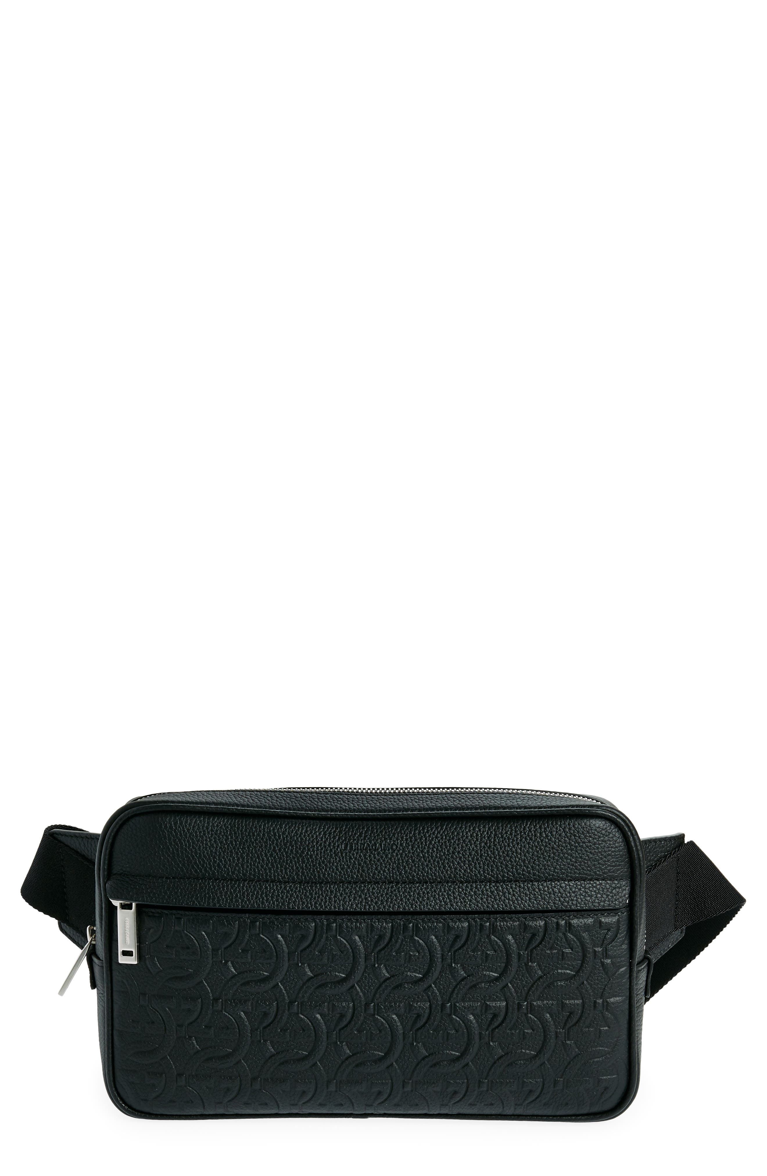 FERRAGAMO Travel Gancio Embossed Leather Belt Bag, Main, color, Nero