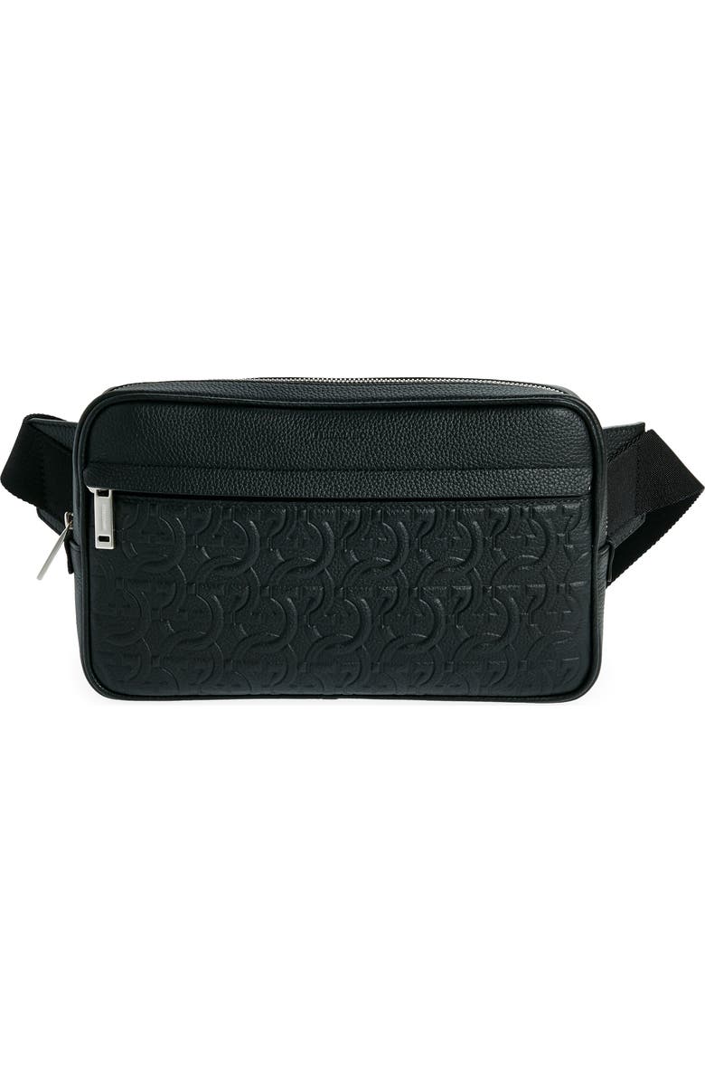 FERRAGAMO Travel Gancio Embossed Leather Belt Bag, Main, color, Nero
