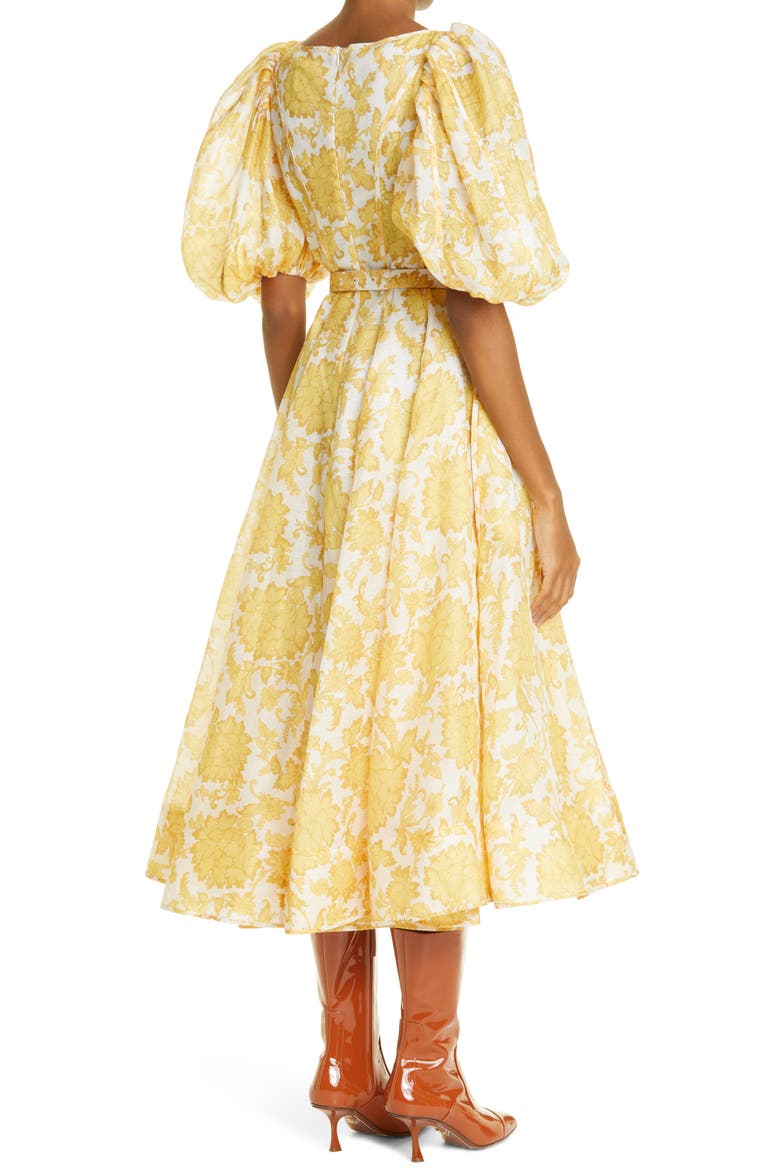 Postcard Puff Sleeve Belted Linen & Silk Midi Dress, Alternate, color, YELLOW TONAL FLORAL